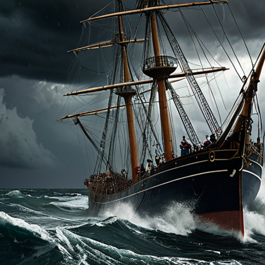 A dramatic scene of a large ship being tossed violently in a storm at sea, dark clouds fill the sky, and sailors struggle against the waves. Jonah is visible on deck, looking remorseful.