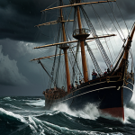 A dramatic scene of a large ship being tossed violently in a storm at sea, dark clouds fill the sky, and sailors struggle against the waves. Jonah is visible on deck, looking remorseful.