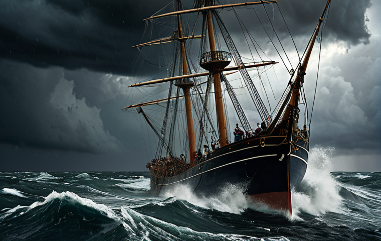 A dramatic scene of a large ship being tossed violently in a storm at sea, dark clouds fill the sky, and sailors struggle against the waves. Jonah is visible on deck, looking remorseful.