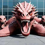 A Hydra with multiple heads, each representing a different aspect of business diversification and resilience, set against a backdrop of a company headquarters. The image should symbolize overcoming failures and achieving success through adaptation.