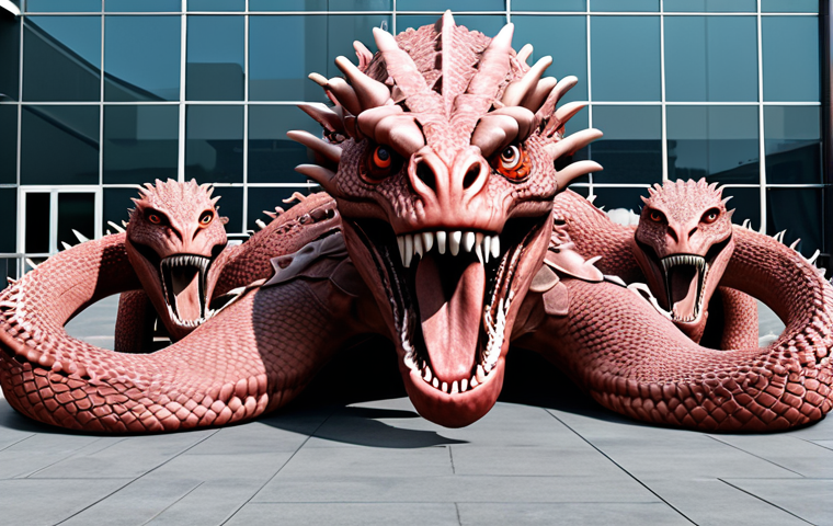 A Hydra with multiple heads, each representing a different aspect of business diversification and resilience, set against a backdrop of a company headquarters. The image should symbolize overcoming failures and achieving success through adaptation.